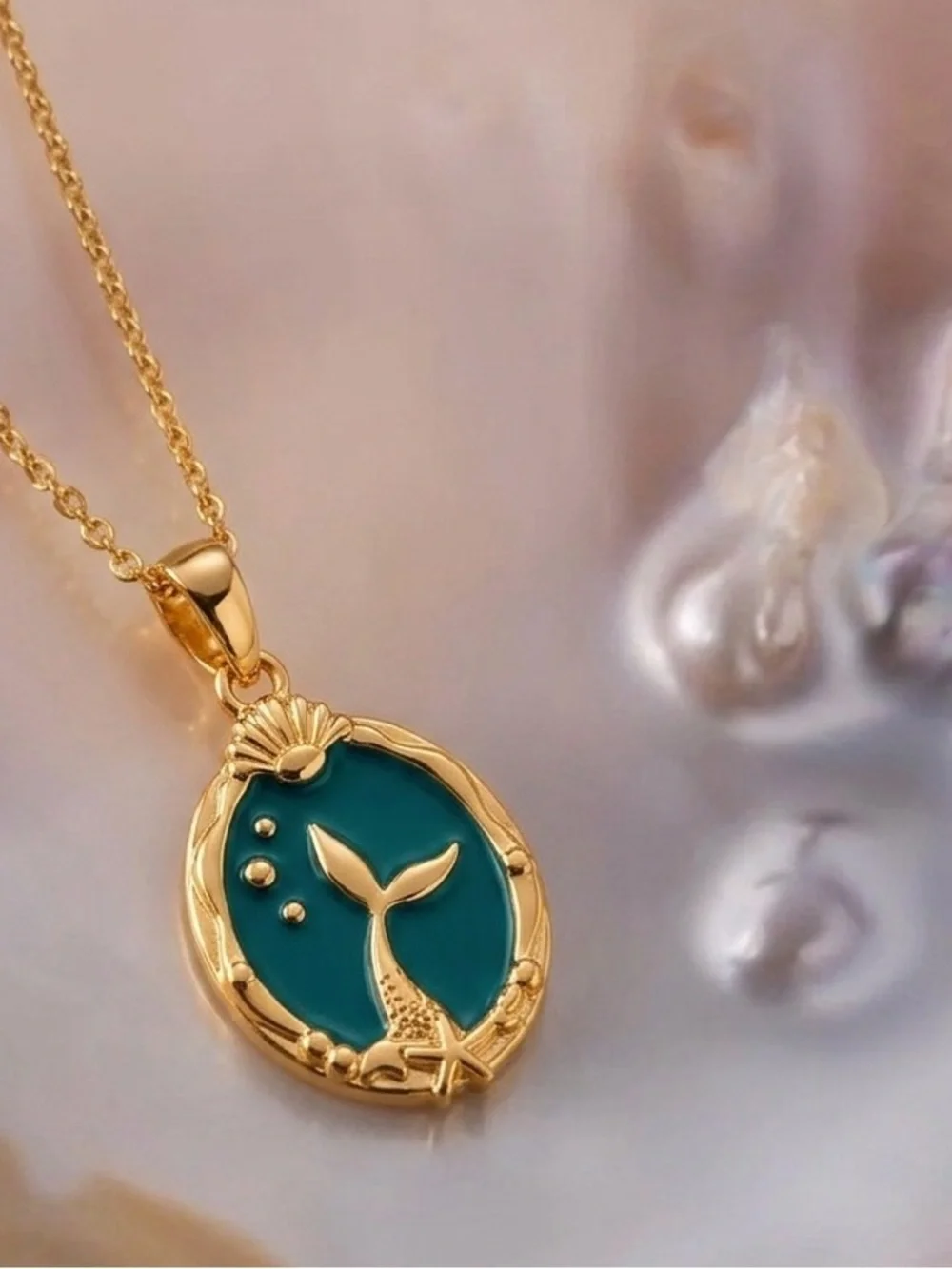 “Mermaid Profile & Tail” Cameo Silhouette Bubble Starfish Two-Way 18K Necklace